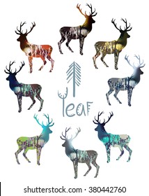 Drawn wood in deer silhouette. Hand drawn vector illustration. Concept of winter, spring, summer and autumn landscapes. Deer set.
