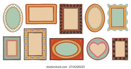Drawn y2k frame border collection with cute wavy edge shapes and rectangle designs. Colorful vintage decorative elements with checkered patterns, striped textures, heart motifs for retro projects.