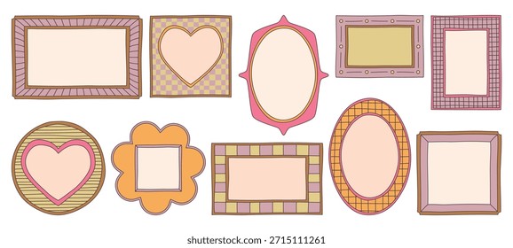 Coleção de borda de quadro y2k desenhado com formas de borda onduladas bonitos e desenhos de retângulo. Colorido vintage elementos decorativos com padrões xadrez, texturas listradas, motivos de coração para projetos retro.