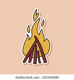 Drawn Yellow Campfire Doodle Sticker. Isolated Sticker Of Flames On Logs. Wildlife Illustration Vector.