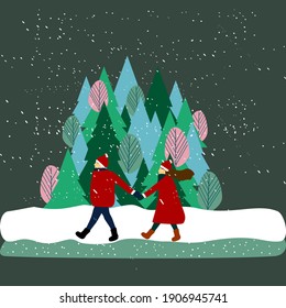 Ein gezeichnetes junges Paar in roten Jacken geht während eines Schneefalls auf dem Hintergrund der Berge. Vektorgrafik zu einem Weihnachtsthema.