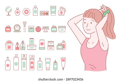 Jeune fille dessinée avec un T-shirt rouge lui attache la queue. Un grand ensemble d'images d'objets simples de cosmétiques féminins. Accessoires de bain et cosmétiques décoratifs. Occupe-toi de ton apparence. Style dessiné à la main