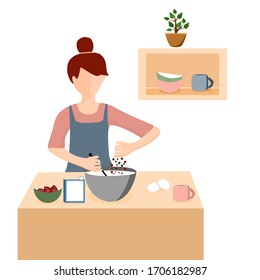 A drawn young woman is cooking in the kitchen. During quarantine, a young woman is busy cooking for herself. 
