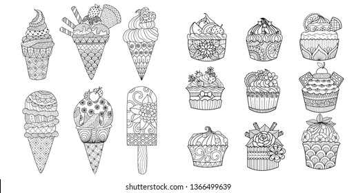 Drawning of Ice cream and cupcakes set for adult coloring book,coloring page, engraving,print on product and so on. Vector illustration