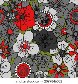 A drawn-out drawing pattern suitable for textiles consisting of various flowers