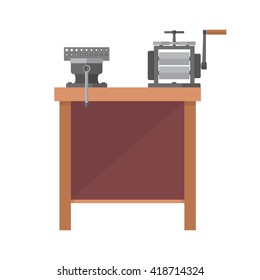 Drawplate in vise grips and jewelry rollers on bench. Flat vector illustration