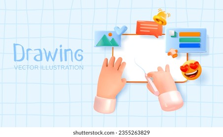 Draws on a tablet in a program or application. Electronic creativity. Creative. Vector illustration