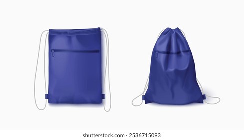 Maqueta de mochila con cordón. Bolsa de cuerda bolsa de deporte para el gimnasio. Saco de tela 3D en la ilustración aislada realista de la cuerda. Diseño de mochila de fitness de nylon en blanco para la marca. Llevar la ropa en la correa con el bolsillo