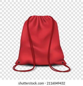 Drawstring bag, backpack or pouch mockup. Realistic red sport bag, blank canvas school knapsack or laundry sack with ropes or strings, pack for clothes, footwear, products. Vector illustration