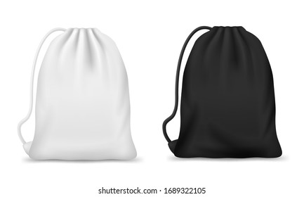Drawstring bag, backpack or pouch vector mockups. Realistic white and black sport bags, blank canvas school knapsack or laundry sack with ropes or strings, packs for clothes, footwear, bulk products