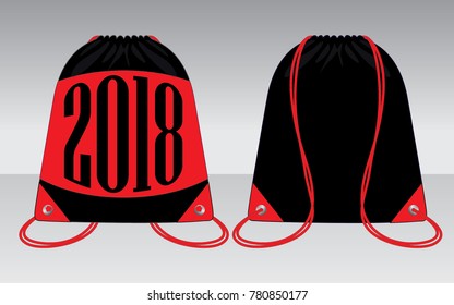 Drawstring Bag Design With Black/Red Colors Vector.Front And Back Views.