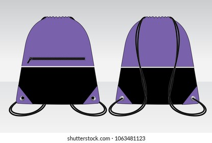 Drawstring bag design purple/black with zipper vector.Front and back views.