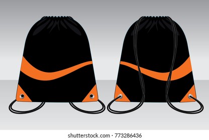 Drawstring bag design vector with black/orange colors.Front and back views.