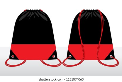 Drawstring Bag Design Vector with Black/Red Colors.Front and Back View.