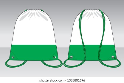 Drawstring Bag Design Vector with White/Green Colors.Front and Back View.