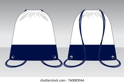 Drawstring Bag Design Vector with White/Navy Blue Colors.Front and Back View.