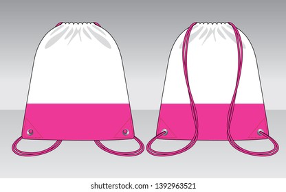 Drawstring Bag Design Vector with White/Pink Colors.Front and Back View.