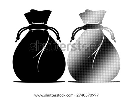 Drawstring bag icon, fabric sack, storage pouch, gift wrap, carrying.