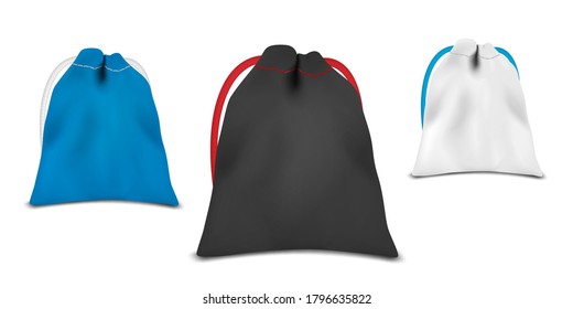 Drawstring bag isolated on white background, vector illustration. Color set. Easy to recolor.