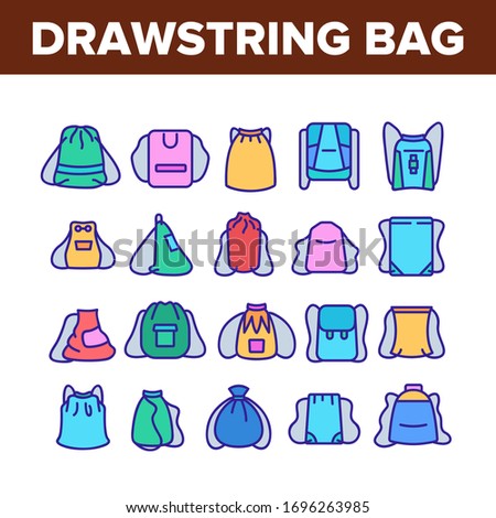 Drawstring Bag Travel Accessory Icons Set Vector. Textile Drawstring Bag, Touristic Backpack With Strings, Fabric Sport Sack Concept Linear Pictograms. Color Illustrations