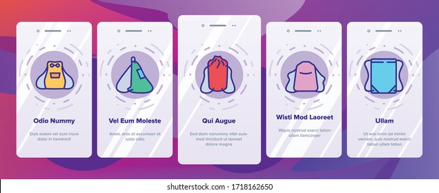 Drawstring Bag Travel Accessory Onboarding Icons Set Vector. Textile Drawstring Bag, Touristic Backpack With Strings, Fabric Sport Sack Illustrations