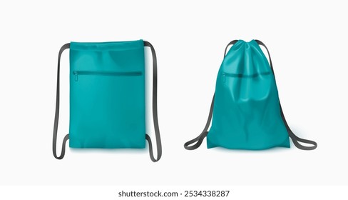 Sacos de cordão montados isolados sobre fundo branco. Vetor ilustração realista de bolsos de saco turquesa cheio e vazio com cordas pretas e espaço em branco para branding, saco escolar, acessório de acampamento
