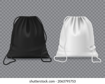 Drawstring Bags, Sport Or School Clothes And Shoes Backpack, Vector Mockup. Realistic Black And White Drawstring Bag Or Pouch Pack With Ropes, Knapsack With Cords For Gym Or Casual Travel