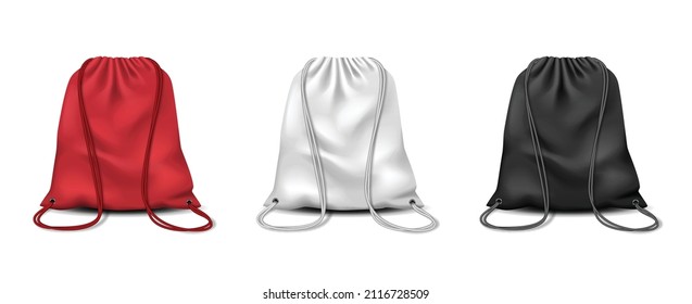 Drawstring Bags, Sport Or School Clothes And Shoes Backpack, Realistic Mockup. Red, Black And White Drawstring Bag Or Pouch Pack With Ropes, Knapsack With Cords For Gym Or Travel. Vector Illustration