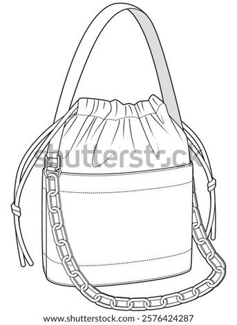 drawstring bucket bag with chained strap flat sketch vector illustration technical cad drawing template	