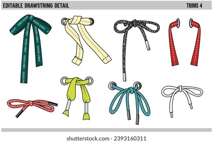 DRAWSTRING CORD FLAT SKETCH SET OF TIE KNOT WITH AGLETS FOR WAIST BAND, BAGS, SHOES, JACKETS, SHORTS, PANTS, DRESS GARMENTS, DRAWCORD AGLETS FOR CLOTHING AND ACCESSORIES VECTOR ILLUSTRATION