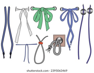 Ilustrador vectorial de esbozo plano del cordón de cadena de dibujo. Juego de nudos de arco Dibujar una cuerda con aglets para la banda de cintura, bolsas, zapatos, chaquetas, pantalones cortos, prendas de vestir, Drenaje para la ropa a tirar o apretar