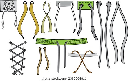 Ilustrador vectorial de esbozo plano del cordón de cadena de dibujo. Juego de cuerdas de Dibujo con aglets para banda de cintura, bolsas, zapatos, chaquetas, pantalones cortos, prendas de vestir, costillas de drenaje para que la ropa se tire o apriete