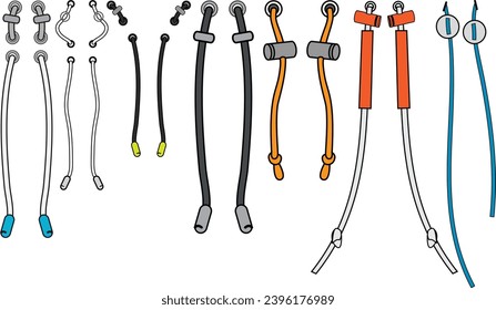 Ilustrador vectorial de esbozo plano del cordón de cadena de dibujo. Juego de cuerdas de Dibujo con aglets para banda de cintura, bolsas, zapatos, chaquetas, pantalones cortos, prendas de vestir, costillas de drenaje para que la ropa se tire o apriete