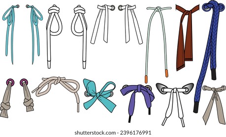 Drawstring cord flat sketch vector illustrator. Set of bow knot Draw string with aglets for Waist band, bags, shoes, jackets, Shorts, Pants, dress garments, Drawcord for Clothing to pulled or tighten