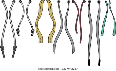 Drawstring cord flat sketch vector illustrator. Set of Draw string with aglets for Waist band, bags, shoes, jackets, Shorts, Pants, dress garments, Drawcord aiglets for Clothing to pulled or tighten