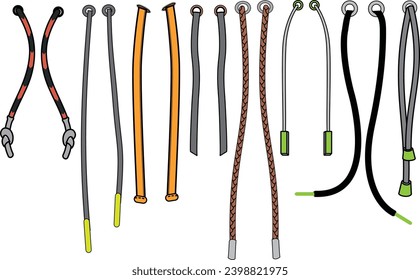 Drawstring cord flat sketch vector illustrator. Set of Draw string with aglets for Waist band, bags, shoes, jackets, Shorts, Pants, dress garments, Drawcord aiglets for Clothing to pulled or tighten