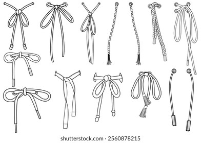 drawstring cord flat sketch vector illustration set of draw cords and tie ups technical cad drawing template