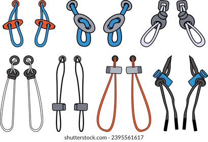 Drawstring cord stopper flat sketch vector illustrator. Set of Draw string lock slider toggles fastener for bags, back backs, jackets, Shorts. Plastic Drawcord lock end toggle to pulled or tighten