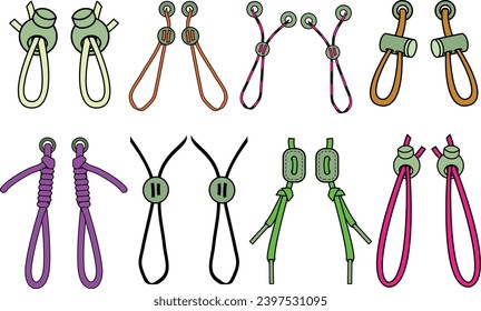 Drawstring cord stopper flat sketch vector illustrator. Set of Draw string lock slider toggles fastener for bags, back backs, jackets, Shorts. Plastic Drawcord lock end toggle to pulled or tighten