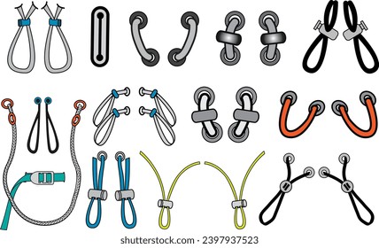 Drawstring cord stopper flat sketch vector illustrator. Set of Draw string lock slider toggles fastener for bags, back backs, jackets, Shorts. Plastic Drawcord lock end toggle to pulled or tighten