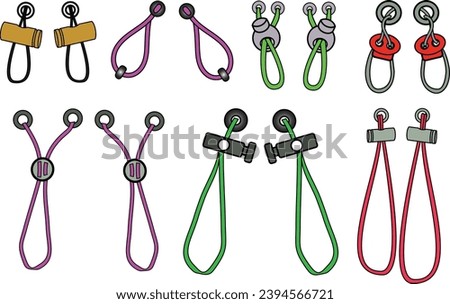 Drawstring cord stopper flat sketch vector illustrator. Set of Draw string lock slider toggles fastener for bags, back backs, jackets, Shorts. Plastic Drawcord lock end toggle to pulled or tighten