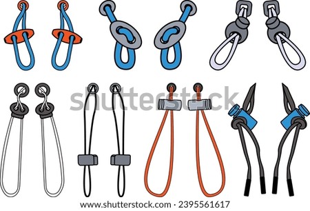 Drawstring cord stopper flat sketch vector illustrator. Set of Draw string lock slider toggles fastener for bags, back backs, jackets, Shorts. Plastic Drawcord lock end toggle to pulled or tighten