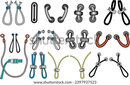 Drawstring cord stopper flat sketch vector illustrator. Set of Draw string lock slider toggles fastener for bags, back backs, jackets, Shorts. Plastic Drawcord lock end toggle to pulled or tighten