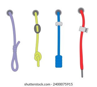 Drawstring cord stopper set. For waist band, bags, shoes, jackets, shorts, pants, dress garments, drawcord aglets for clothing, accessories. Plastic Drawcord lock end toggle to pulled, tighten. Vector