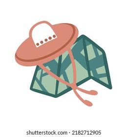 Drawstring hiking hat. Folded paper map. Camping, travel, hiking, orienteering. Vector image doodle sticker cartoon hand drawn flat style.