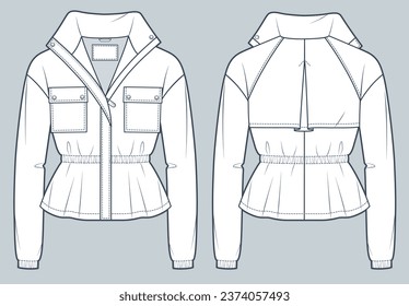 Drawstring Jacket technical fashion Illustration. Cropped Trench Coat fashion flat technical drawing template, pocket, front and back view, zip-up, white, women, men, unisex CAD mockup.