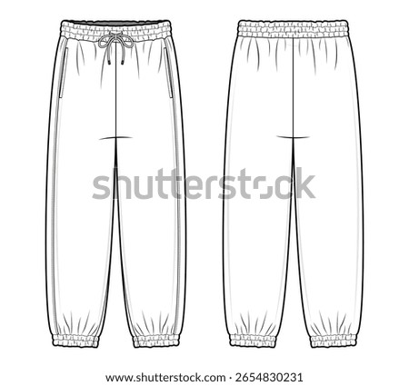 Drawstring Jogger Pants Technical Fashion Illustration. Unisex Sweatpants Vector Template. Front and Back design. Relaxed Fit. Elastic Waistband and Cuffed Ankles. Unisex. White. CAD Mockup set.