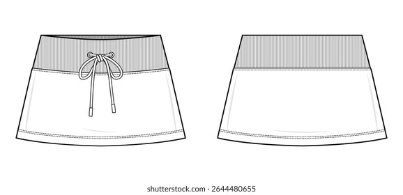 Drawstring Mini Skirt Technical Fashion Illustration. A-Line Skirt with Ribbed Waistband Vector Template. Front and Back View. Comfortable Fit. Women’s Casualwear. CAD Mockup.