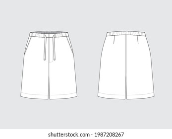 pantalones cortos de pijama de cuerdas levadizas, frontal y posterior, dibujando bocetos planos técnicos de prendas con ilustración vectorial.