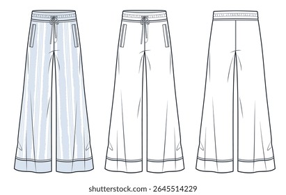 Drawstring Calças moda modelo de desenho técnico plano. Calças de perna larga ilustração de moda técnica, ajuste relaxado, frente e vista traseira, branco, listras azul claro, mulheres, homens, maquete CAD unissex.